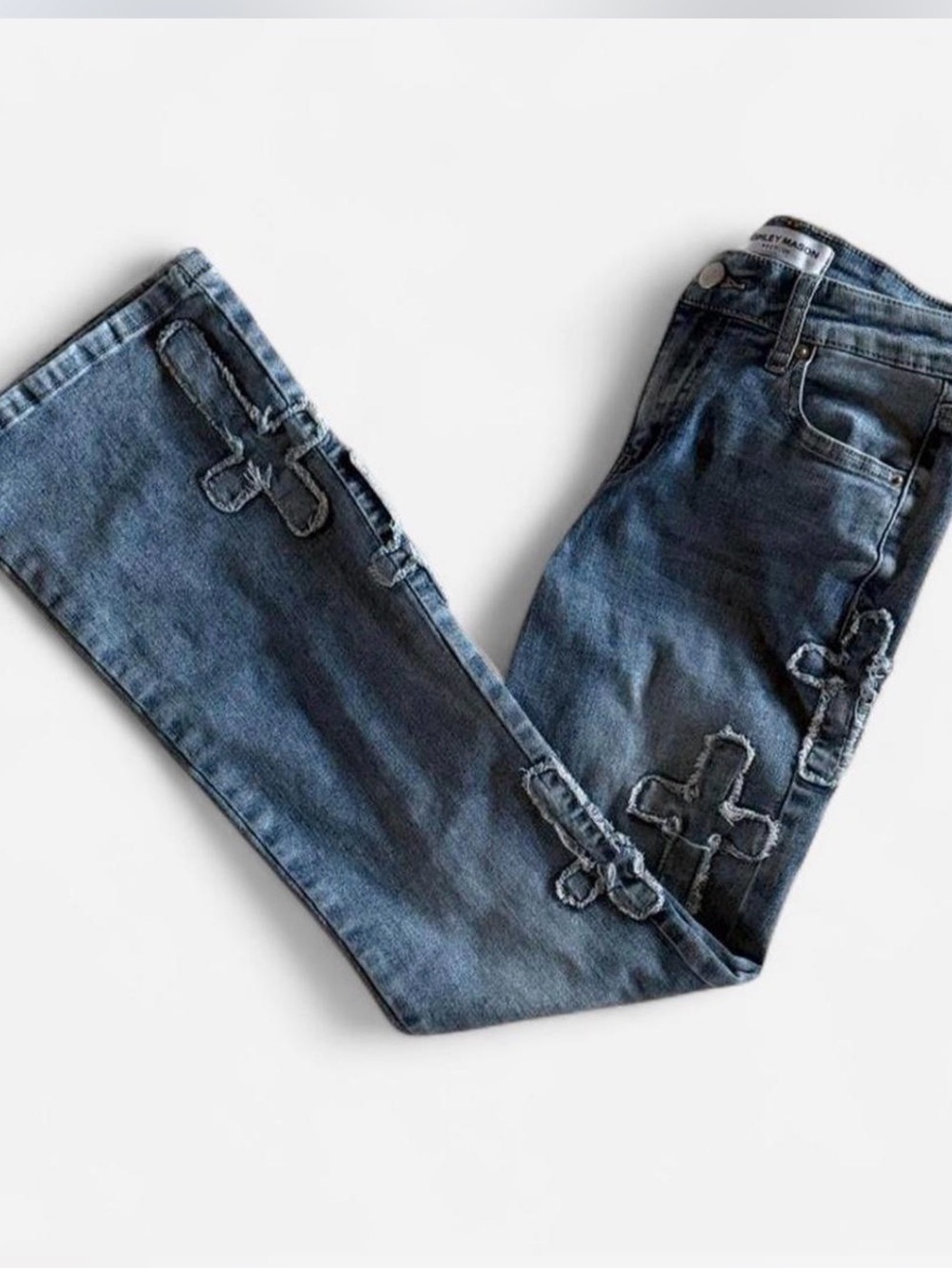 Ashley Mason Blue Wide-Leg Jeans with Distressed Cross Appliqués